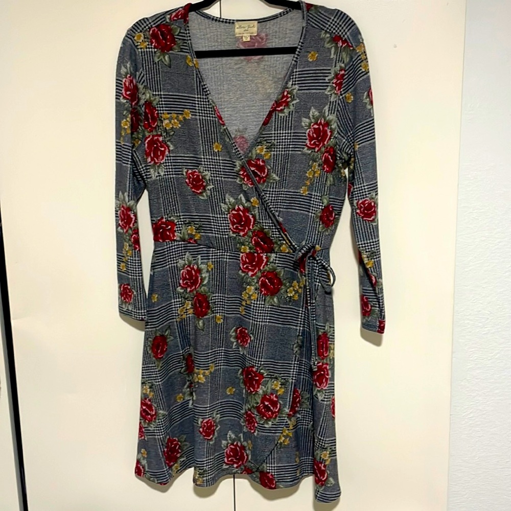 Beautiful folk rock dress, gray and floral pattern